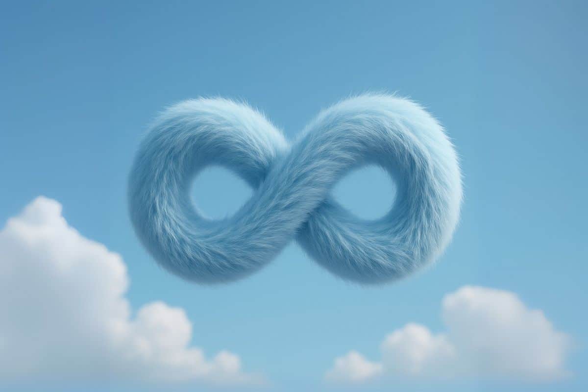 Das Bild zeigt ein hellblaues flauschiges Unendlichkeits-Symbol (liegende Acht) auf blauem Himmel – Selbstmanagement und Selbstführung als Metapher, es Dir leicht zu machen (Bildquelle: KI-generiert mit eigenem Prompt bei ChatGPT).