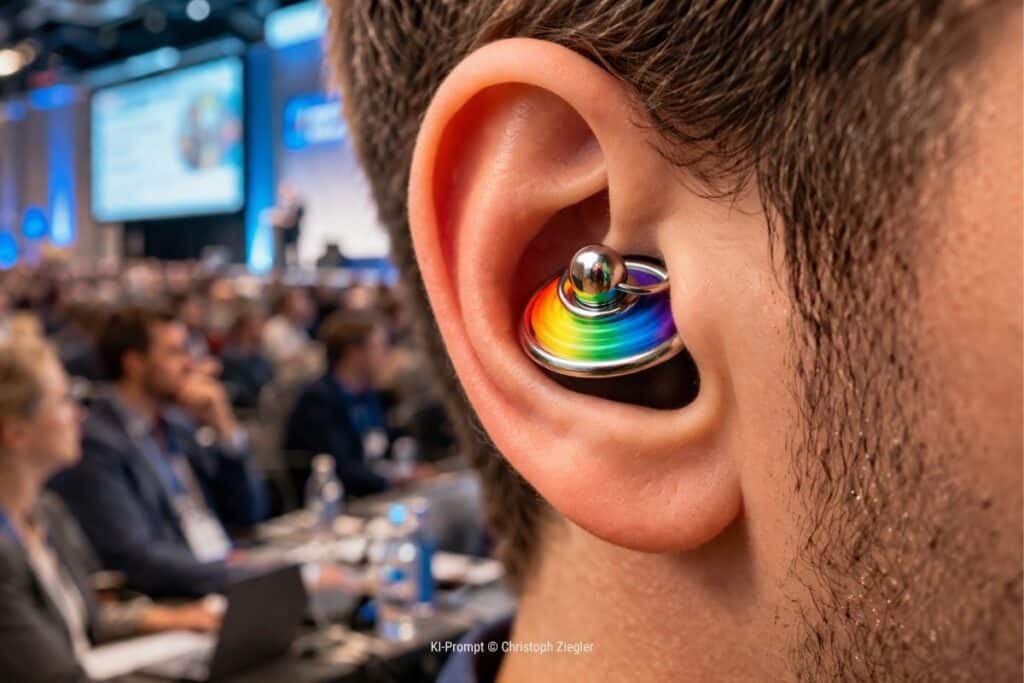 Das Bild zeigt eine Business-Situation: verschwommene Teilnehmer auf einer Konferenz im Hintergrund, im Vordergrund ein Mann, der einen regenbogenfarbenen Abflussstöpsel im Ohr hat – als Metapher für aktives Hinhören (Bildquelle: eigener KI-Prompt).