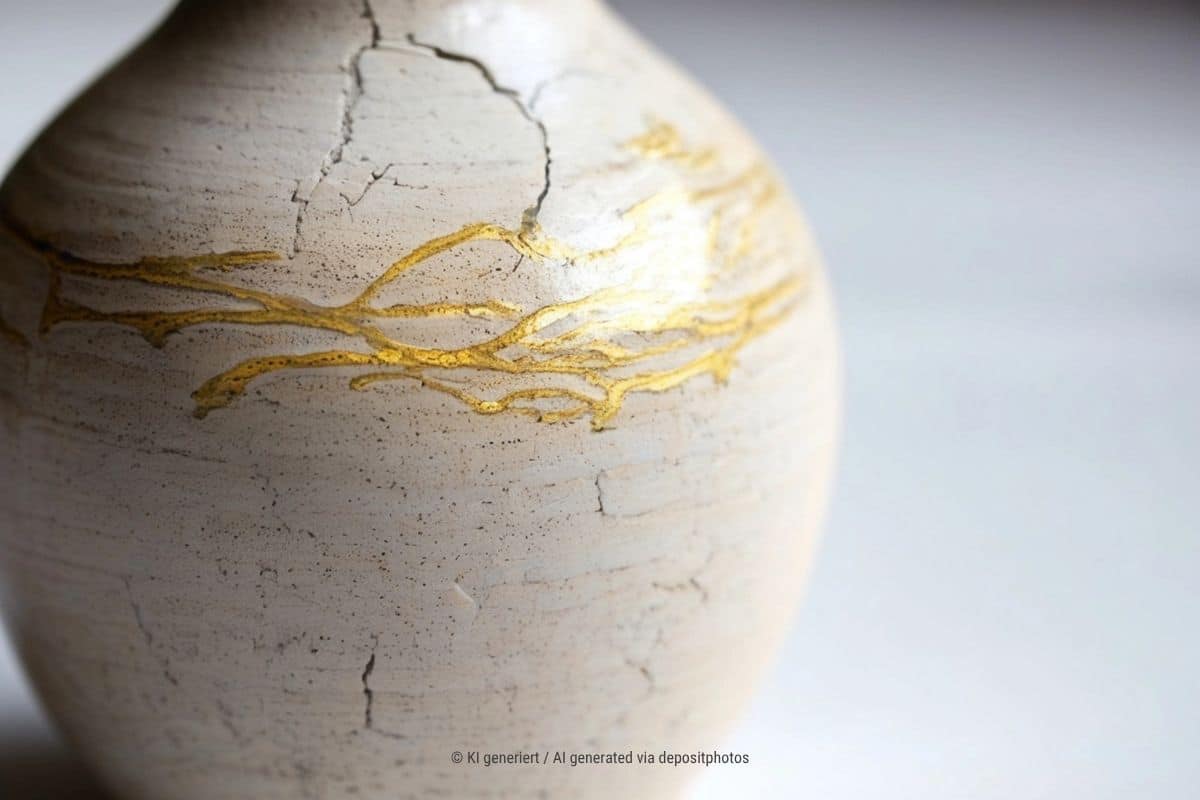 Das Bild zeigt ehemals zerbrochene asiatische Kintsugi Vase, die mit Gold wieder fest zusammengesetzt wurde – als Metapher für den Aufbau von Vertrauen nach Vertrauensverlust (Bildquelle: KI generiert / AI generated via depositphotos).